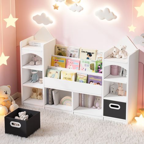 Étagère blanche pour enfants, 130x30x90 cm, meuble de rangement à plusieurs niveaux avec 2 coffres pliants, bibliothèque illustrée pour chambre d'enfant, casier à jouets pratique.