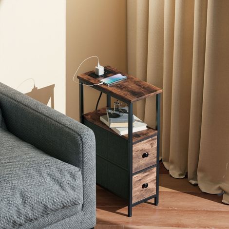 Table basse et table d'appoint avec station de recharge, structure en acier, 2 tiroirs en tissu, compartiment ouvert, 20 cm x 40 cm x 63 cm, brun rustique. (1/5)