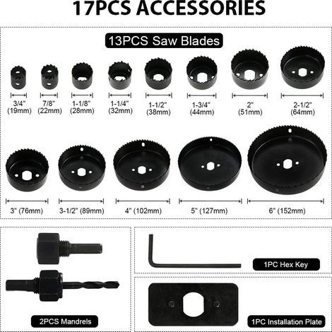 Kit de scies cloches, 17 pièces avec 13 lames, 2 mandrins, 1 plaque d'installation, clé hexagonale, taille maximale 152 mm et minimale 19 mm, idéal pour le perçage de bois tendre, de panneaux e (1/5)