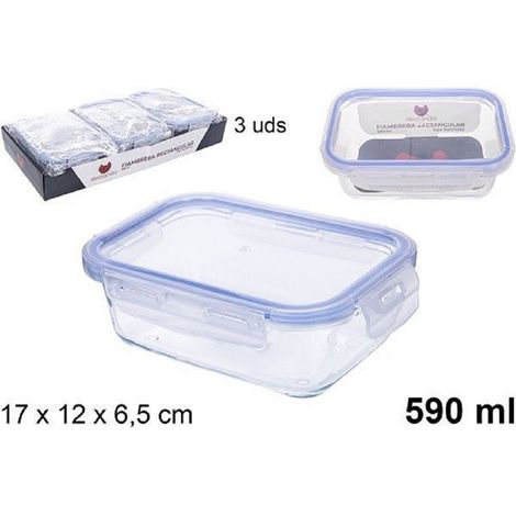 TrAdE Shop Traesio - Set 3 Pz Contenitori Per Alimenti In Vetro Con Coperchio Plastica 590 Ml 105508 -