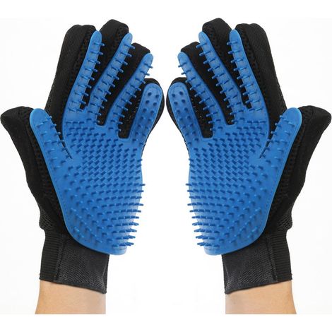 Gant de toilettage pour chien et chat (bleu), brosse douce anti-poils, gant exfoliant efficace, outil de massage, design à cinq doigts amélioré, adapté aux poils longs/courts des chiens, chats, lapins (1/5)