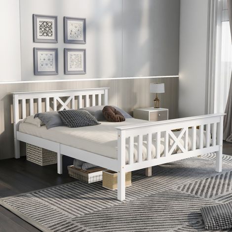 Lit Enfant 140x200 Bois Massif Pin Blanc avec Tête de Lit et Sommier à Lattes Intégré - lit double (Sans Matelas) (1/5)
