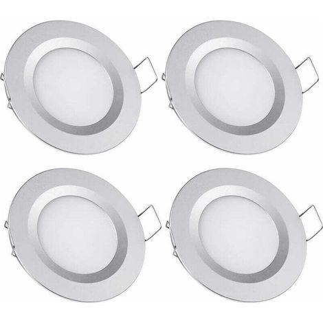4 spots encastrés LED 12 V, diamètre de perçage 58-65 mm, 3 W, 3200 K, pour camping-car, bateau, caravane, fourgon, yacht, blanc chaud (finition argentée) (1/5)