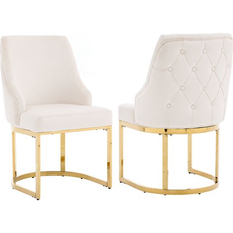 Set mit 2 Esszimmerstühlen aus beigem Samt mit goldfarbenen Metallbeinen 59x55x89 cm (1/5)