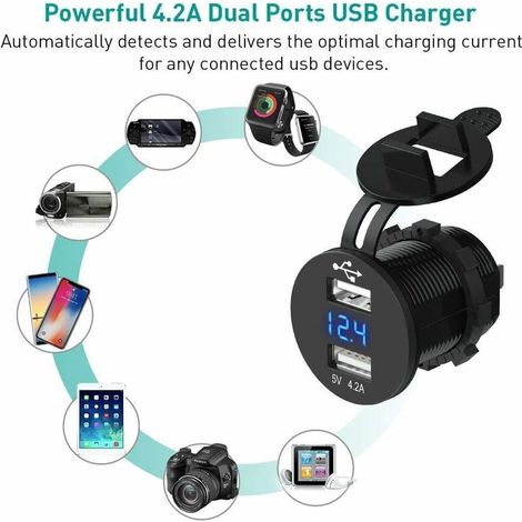 Prise USB 12V 5V chargeur de voiture 4.2A chargeur de voiture USB étanche adaptateur allume-cigare avec voltmètre numérique pour motos