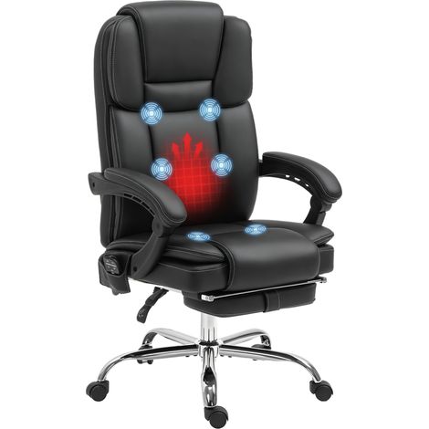 Chaise de bureau réglable avec 6 points de massage, noir, fonction chauffe, repose-pieds, faux cuir