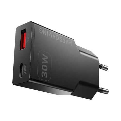 Mars Gaming MD-GAN30, Cargador USB 30W, Carga Rápida PD 3.0 y QC 3.0, Tecnología GAN, Formato Ultracompacto y Ligero, 9 Protecciones de Seguridad, Puerto USB-C y USB-A, Enchufe Europeo Tipo C, Negro