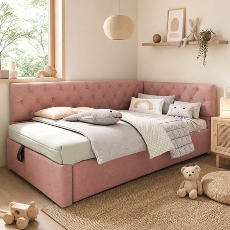 CHICFURN Letto singolo bambini 90x200 cm in velluto rosa, contenitore idraulico, senza materasso (1/5)
