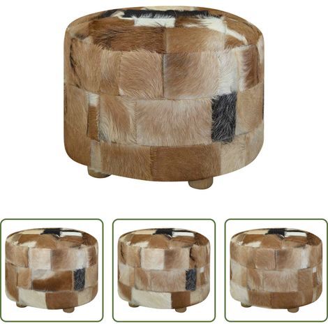 Holzrahmen Pouf -  Hocker Ziegenleder Rund 50x50x45 cm