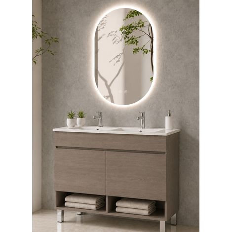 Mueble de baño con patas con lavabo extraplano ORIGENBATH NEBARI con patas y puertas sin espejo 120x45 cm 2 senos roble smoky (1/5)