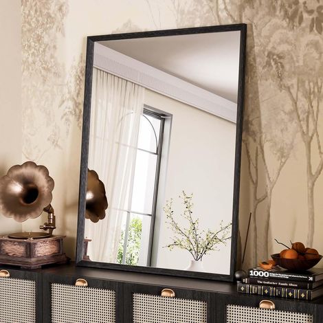 Miroir Mural Noir 70x90cm, rectangulaire, Cadre Bois Texturé, Trempé (1/5)