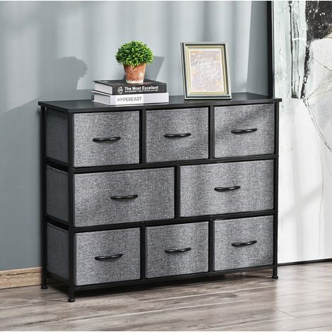 Commode 8 tiroirs en tissu, meuble de rangement pour chambre et salon, structure métal, pieds réglables, coloris gris foncé, avec anti-basculement – CHICFURN (1/5)