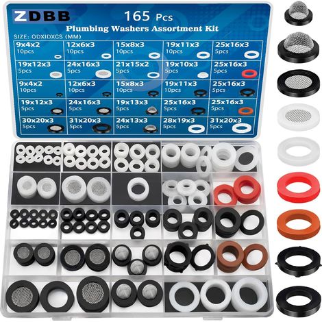 Lot de 165 rondelles de tuyau sanitaire en caoutchouc avec filtre à tamis et kit de rondelles en silicone pour douche, joint de tête de jardin, tuyau de lavage (1/5)