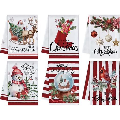 Torchons de cuisine Noël , lot 6 absorbants - Décorations saisonnières hivernales Pour cuisiner , sé