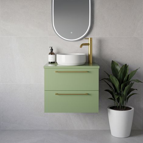 Napoli 390 Olive Green 600mm Wall Mounted 2 Drawer Vanity Unit for Countertop Basins - 600mm - Brushed Brass 320mm Handle