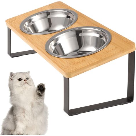 Erhöhter Katzennapf, 15° geneigter Edelstahlnapf mit Holzständer, rutschfest und ergonomisch (1/5)