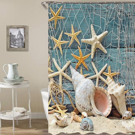 Ensemble de rideau de douche d'été 4 pièces avec tapis de bain, tapis de toilette et tapis de bain, motif coquillage bleu, étoile de mer et scène de plage. Rideau de douche avec crochets pour la décor (1/4)