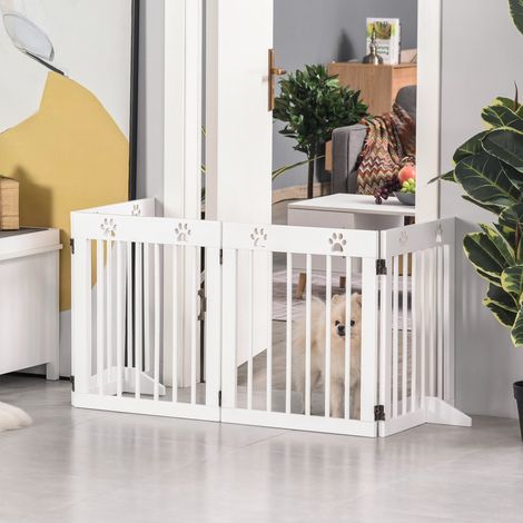 Barrière de sécurité pliable et extensible pour chien et chat, 4 panneaux en pin massif blanc 204x30x61 cm