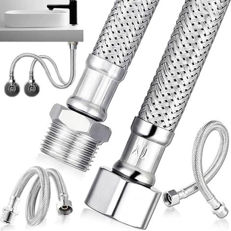 Flexible Hose 3/8 Inch Stainless Steel Tap Fitting Nut 3/8 Inch x Outdoor Thread, Flexible Hose with Braided Stainless Steel for Kitchen Room (20 cm)