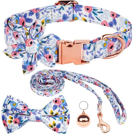 Collier pour Chien, Réglable Motif Floral Joli Collier pour Chien avec Fleur Détachable en Strass Nœud Papillon, Laisse Et Clochette pour Chiens De Petite, Moyenne Et Grande Taille (Bleu-M) (1/5)