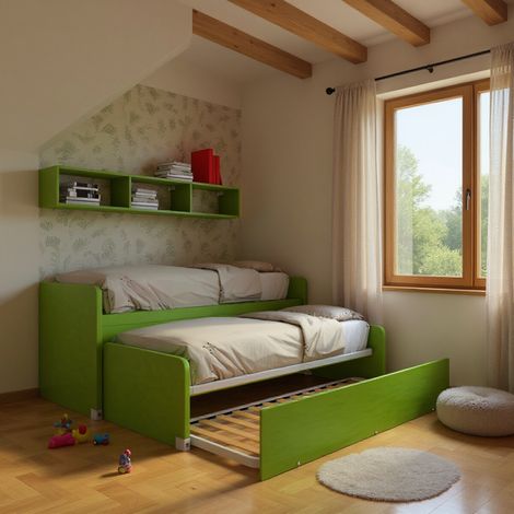 Coppia letti singoli scorrevoli con ruote e contenitori - Made in Italy - Verde mela