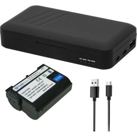 Trade-Shop 2in1 Set: Akku 1900mAh + Dual-Ladegerät USB-C USB-A mit Powerbank-Funktion kompatibel mit Nikon D500 D600 D610 D750 D780 D800 D800E D810 (1/5)