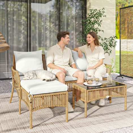Conjunto de Jardín Exterior de Ratán con 1 Sofá de 2 Plazas 1 Sofá Esquinera y 1 Mesa de Centro Tablero de Vidrio Crema (1/5)