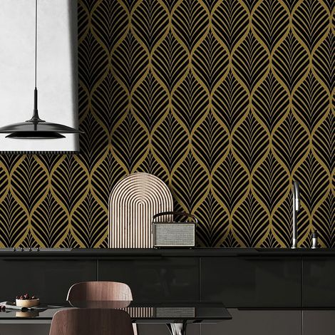 Papier Peint Autocollant à Rayures Dorées Noir Style Minimaliste Amovible Étanche Pour Cuisine, Plan de Travail 44,5x500cm (1/5)