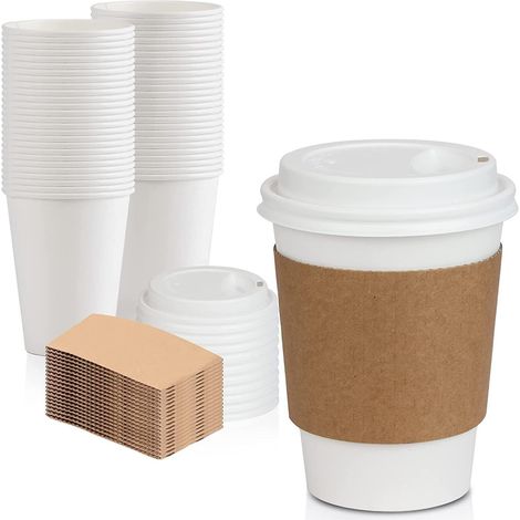 50 Gobelets en papier 16oz avec 50 couvercles blancs et 50 manchons, tasses jetables pour boissons chaudes et froides (1/3)