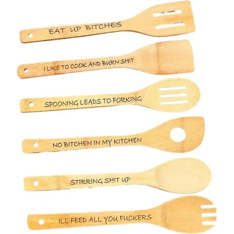 Lot de 6 cuillères en bois gravées et humoristiques, idéales pour la cuisine ou à offrir, 30 cm de long JBJD (1/5)