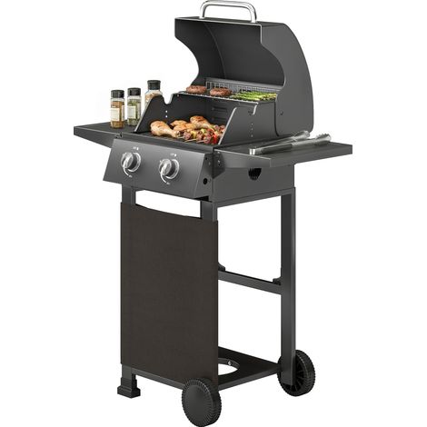 Tragbarer 2-Flammen-Propangasgrill mit Thermometer, schwarz