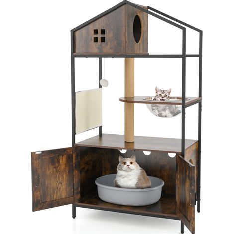 COSTWAY Enclosure Industrial Cat Tower 150CM Cat Tree with Litter Box Brown (1/5)