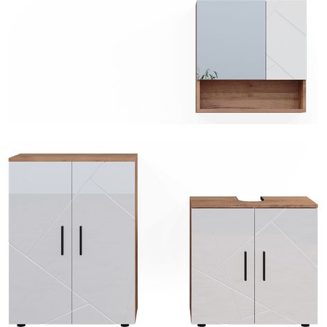 Set di mobili da bagno Irma, Bianco lucido/oro power oak, 3 pezzi, con base 60 cm, Vicco
