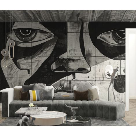 Papier peint graffiti - portrait de femme en noir et blanc mural - 150 x 250 cm (1/2)