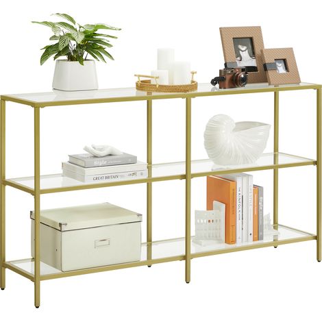 Vasagle – Table console dorée – Étagère 3 niveaux en verre trempé – Dimensions 130 x 30 x 73 cm – Cadre en métal moderne pour entrée, salon, chambre (1/5)