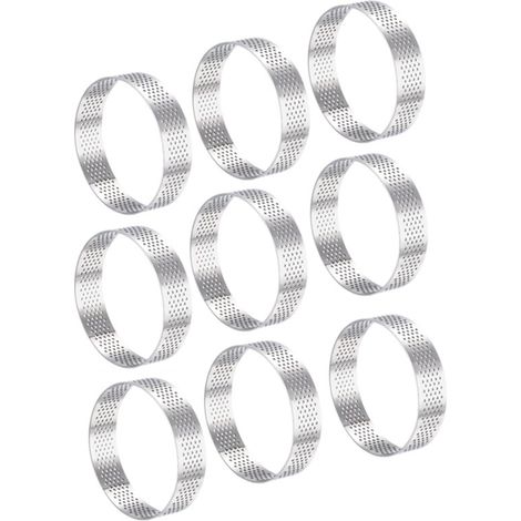 Set di 9 stampi per torte/anelli per mousse, Ø 8 cm x 2 cm, stampo per mousse, anello per mousse forato, per pasticceria in cucina, argento, per torte e dessert, acciaio inox (1/5)