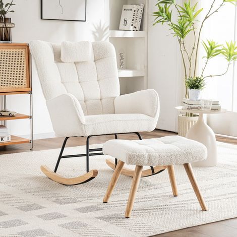 Fauteuil à bascule relax - 67x48x92 cm - Avec repose-pieds et coussin en tissu bouclé pieds bois - Blanc (1/5)