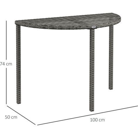 Table d'appoint semi-circulaire pour balcon, 100 x 50 x 74 cm, en polyrotin et métal gris, idéale pour terrasse et balcon. (1/5)