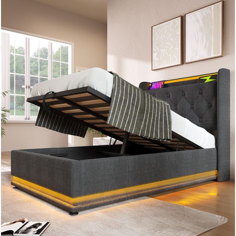Bett mit Stauraum Leinen Grau 90x200 cm, Polsterbett mit LED, USB-C und Lattenrost (1/5)