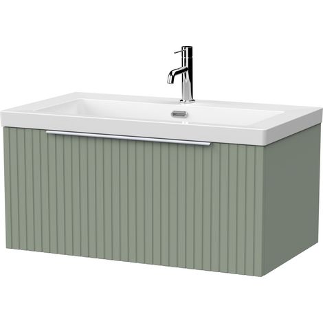 Callingwood Contemporary Wall Hung 1 Drawer Vanity Unit with 1 Tap Hole Fireclay Basin , 800mm, Reed Green