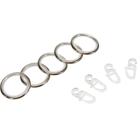 Anneaux de Rideaux Kreta, 10 pièces, Insert Coulissant et Agrafes Inclus, Ø 27/35 mm, Métal/Plastique, Aspect Acier Inoxydable (1/4)