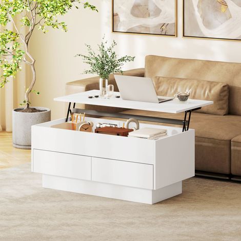 Table basse relevable, table de salon avec compartiment caché et 2 tiroirs, blanc, 100 x 50 x 44 centimètres (1/4)