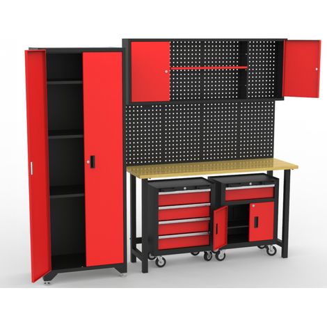 Defpro – Établi modulable 160x50x85 cm – Plateau en hevea 25 mm – Charge 300 kg – Pied réglable – Ensemble complet avec armoire et servantes