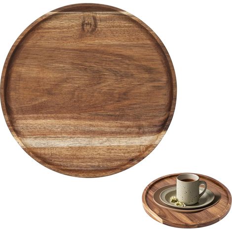1 Assiette ronde, Bois d'acacia, Naturel, 20x20x1,5cm, Plateau pain, Décoration table, Cadeau maison