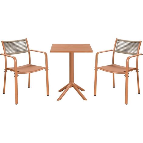 3 Piece Bistro Garden Set with 2 Rope Back Armchairs and Square Table - Plastic/Metal - L56 X W54 X H80 cm - Terracotta - Flat Packed