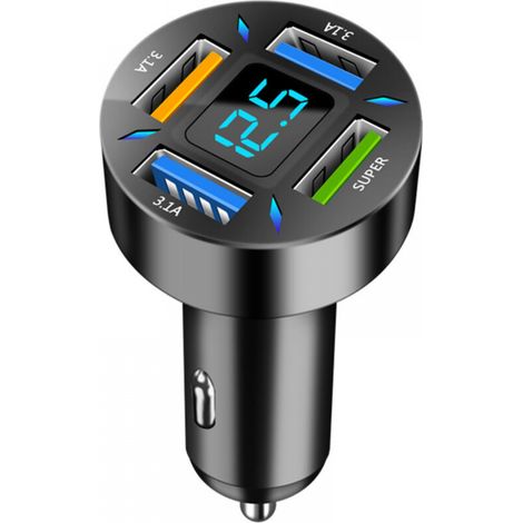 Chargeur de voiture noir 3,85 x 3,85 x 6 cm, 1 pièce, quatre ports, 66 W + 3,1 A, charge rapide, tension en temps réel (1/5)