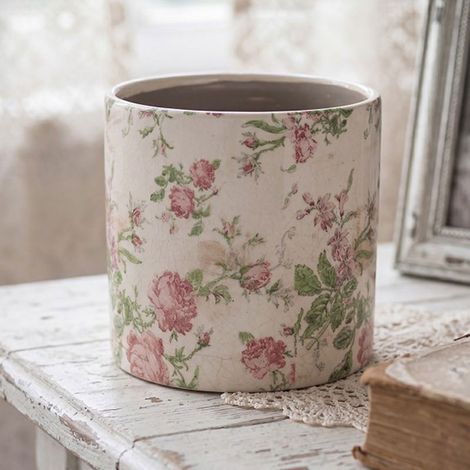 Pot de Fleurs céramique beige rose fleurs 17x16cm (1/3)