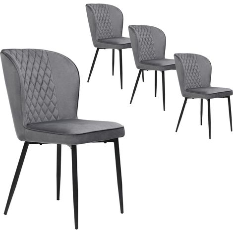 Juego de cuatro sillas de comedor tapizadas en gris y sillones de terciopelo con respaldo gris y patas de metal negro para el hogar, la habitación de invitados, el dormitorio y la oficina. (1/5)