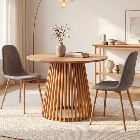 Tavolo rotondo Garle81A con base cannettata a listelli in legno naturale 100 cm (1/4)