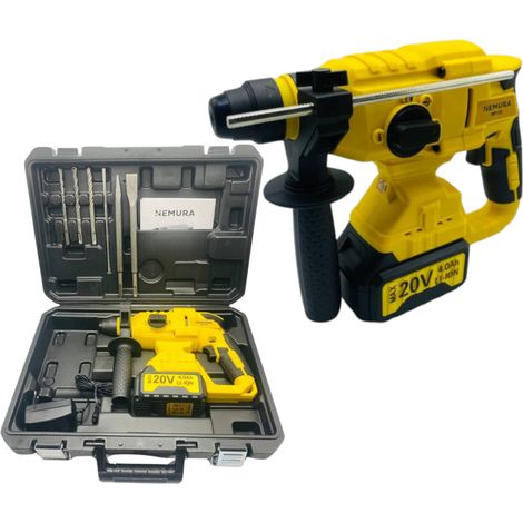 Nemura – Marteau perforateur sans fil 20V – Moteur Brushless – 2.5J impact – Perçage max 28mm bois – Mallette de rangement incluse
